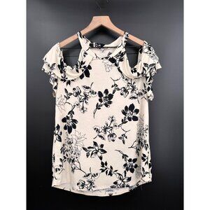 White Birch Halter Cold Shoulder Top Women Medium Ivory Black Floral Ruffle
